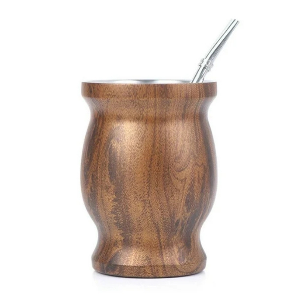  گورد استیل طرح چوب گردو گنجایش 280 میلی لیتر به همراه نی بومیلا | stanless steel matte gourd 280 ml 