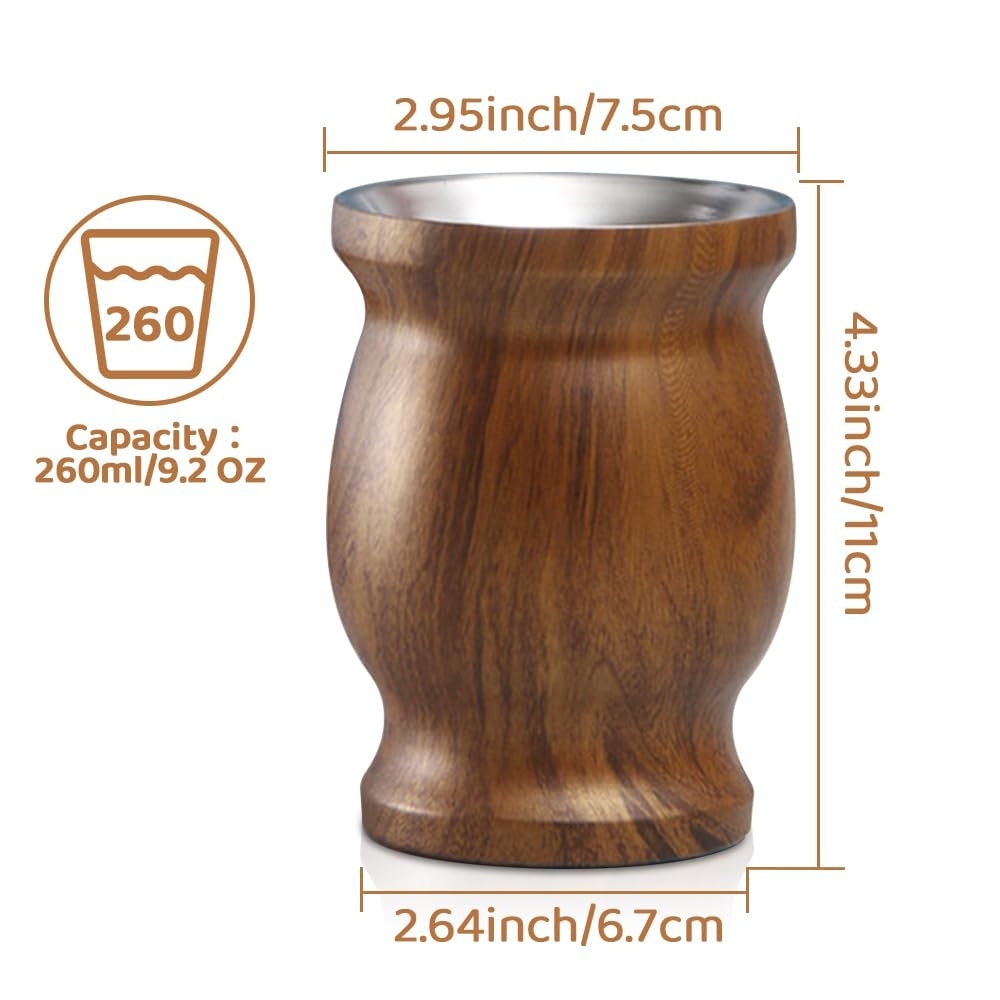 گورد استیل طرح چوب گردو گنجایش 280 میلی لیتر به همراه نی بومیلا | stanless steel matte gourd 280 ml