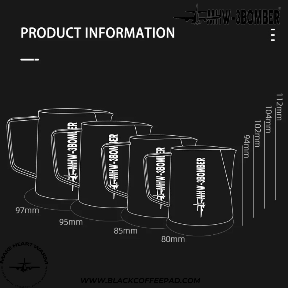  ابعاد پیچر بمبر ورژن 5 ظرفیت 600 میلی لیتر رنگ استیل براق | MHW-3BOMBER Latte Art Pitcher 5.0 Glossy 